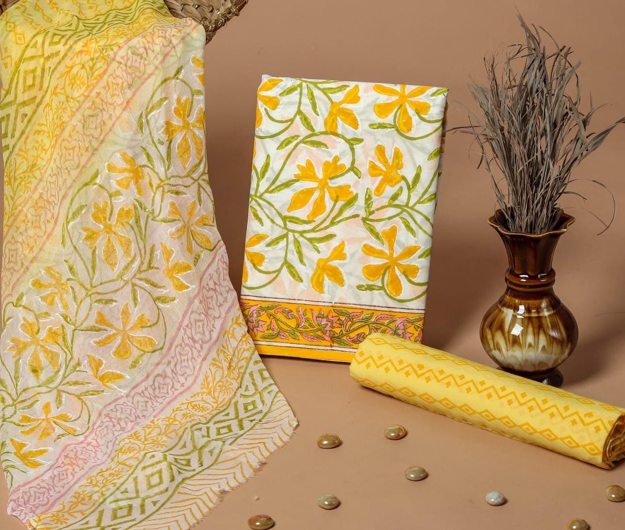 fresh light yellow jaal handblock printed cotton dress material with chiffon dupatta wholesale India fabric sourcing for designers Fabtexs