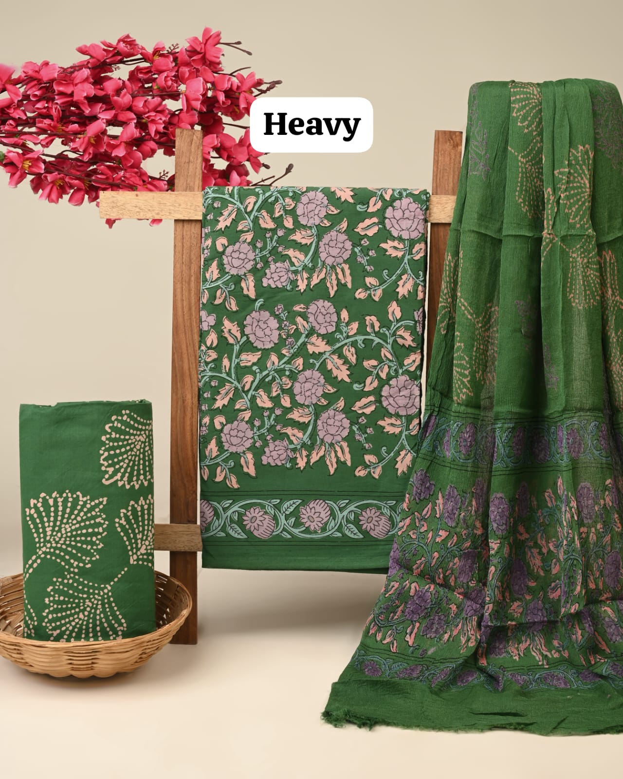 green floral jaal handblock printed cotton dress material with chiffon dupatta wholesale India cotton fabric supplier Fabtexs
