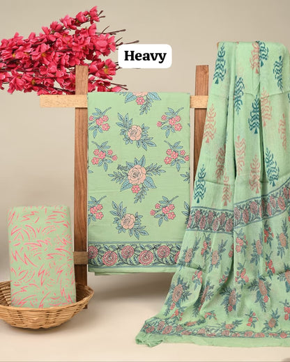 green floral jaal handblock printed cotton dress material with chiffon dupatta wholesale India cotton fabric supplier Fabtexs26
