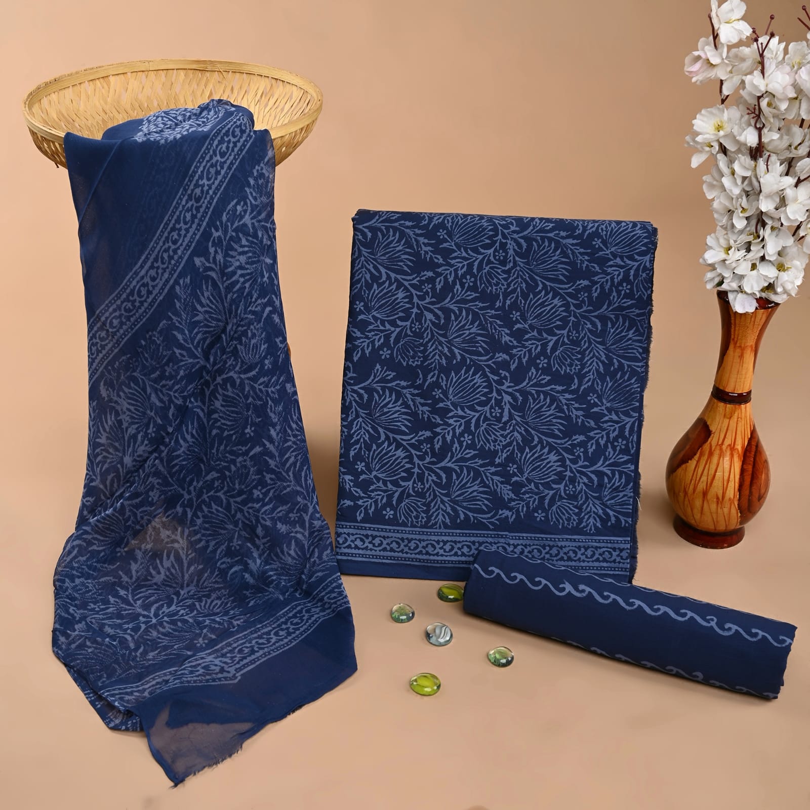 green blue floral jaal handblock printed cotton dress material with chiffon dupatta wholesale India boutique fabric supplier Fabtexs