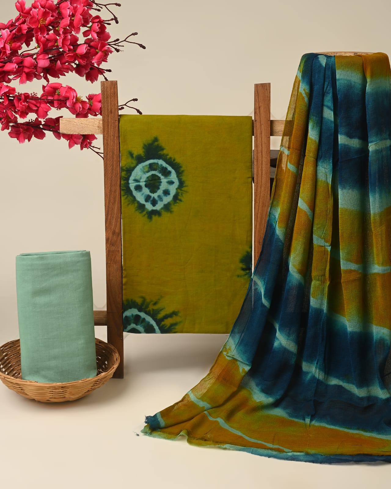 green blue shibori handblock printed cotton dress material with chiffon dupatta wholesale India low MOQ fabric supplier Fabtexs
