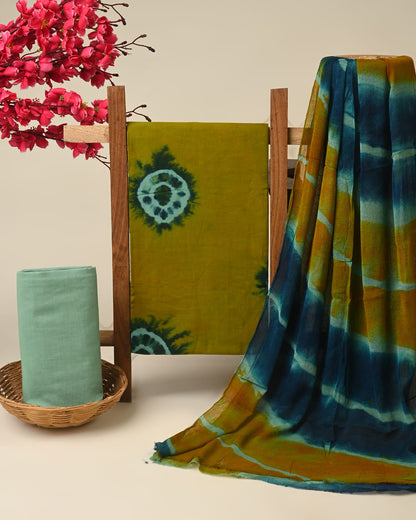 green blue shibori handblock printed cotton dress material with chiffon dupatta wholesale India low MOQ fabric supplier Fabtexs