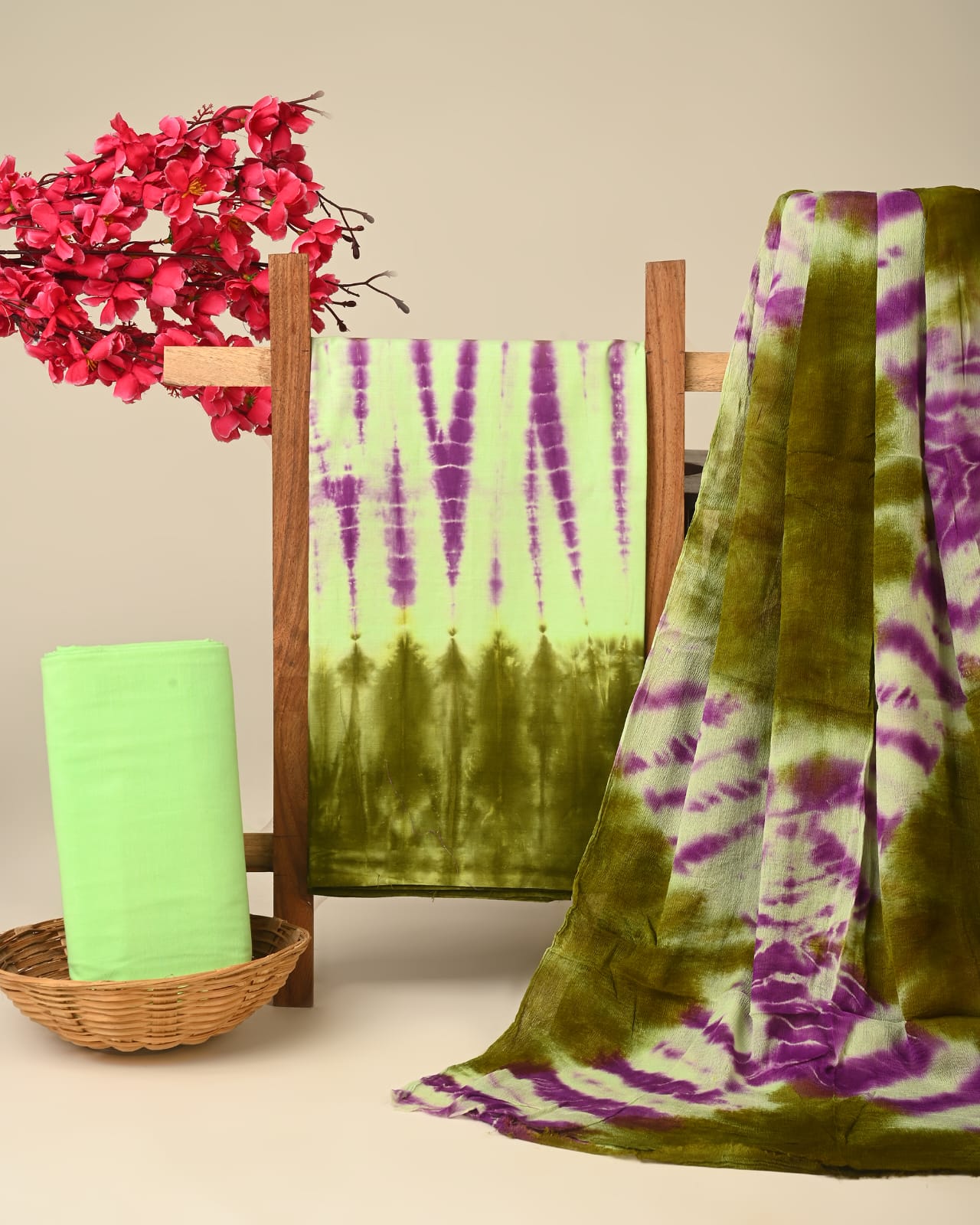 green purple shibori handblock printed cotton dress material with chiffon dupatta wholesale India cotton fabric supplier Fabtexs