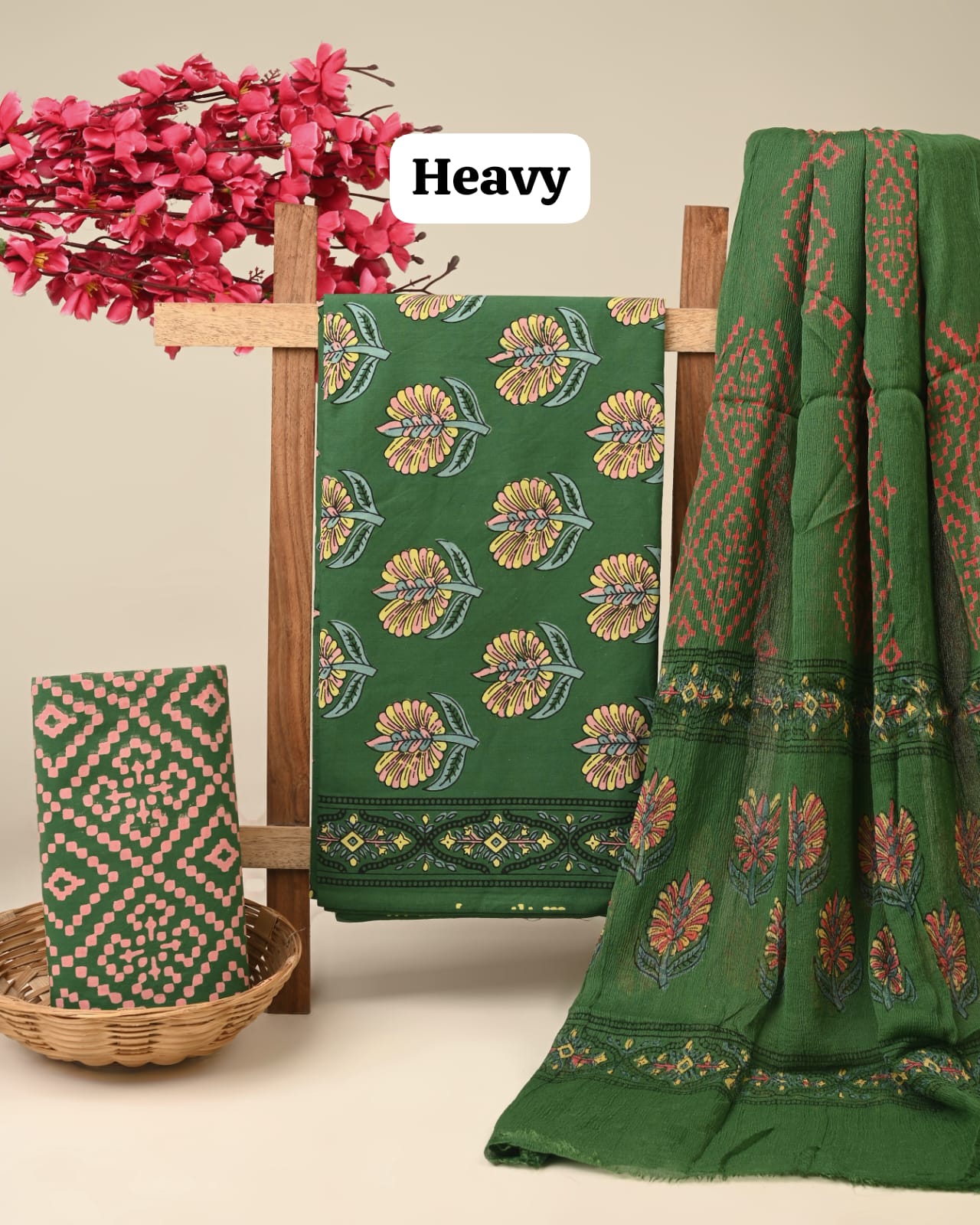 green big buttas handblock printed cotton dress material with chiffon dupatta wholesale India low MOQ boutique fabric supplier Fabtexs