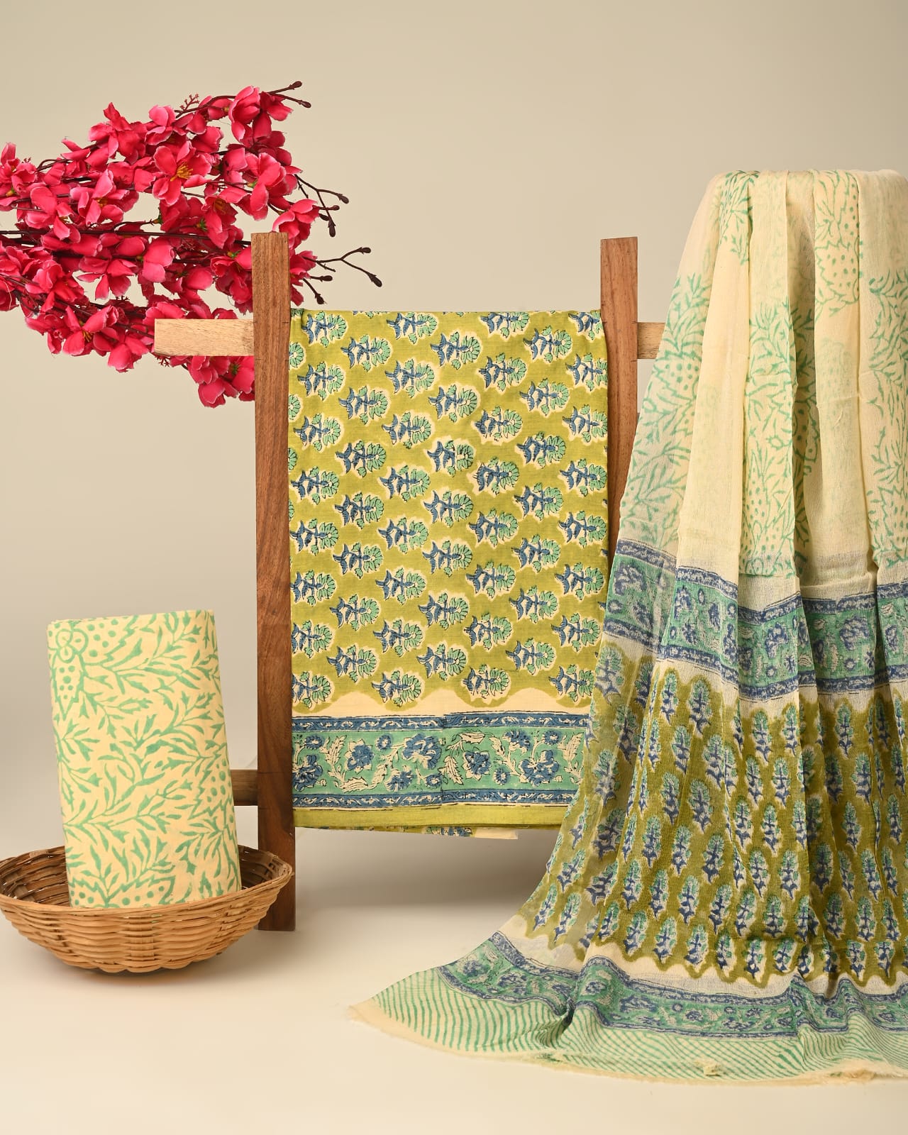 Green blue pure cotton dress material with chiffon dupatta wholesale, handblock printed cotton suit set by Fabtexs