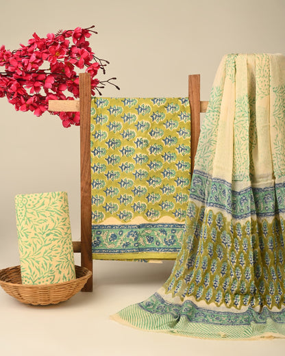 Green blue pure cotton dress material with chiffon dupatta wholesale, handblock printed cotton suit set by Fabtexs
