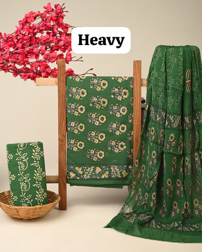 Green buta jaal cotton dress material with chiffon dupatta wholesale, handblock printed cotton dress material for boutiques by Fabtexs