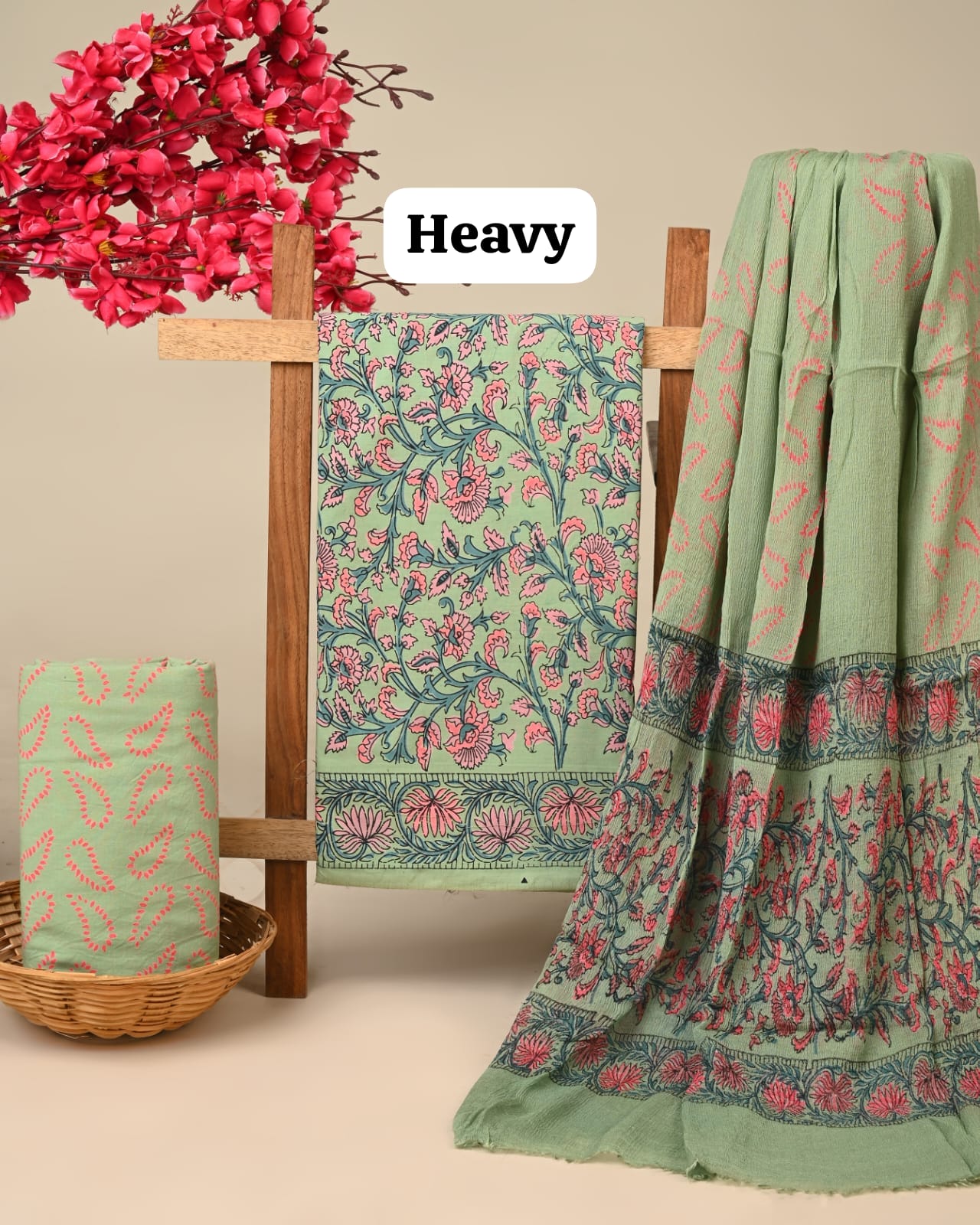 Green buta jaal cotton dress material with chiffon dupatta wholesale, handblock printed cotton dress material for boutiques by Fabtexs26