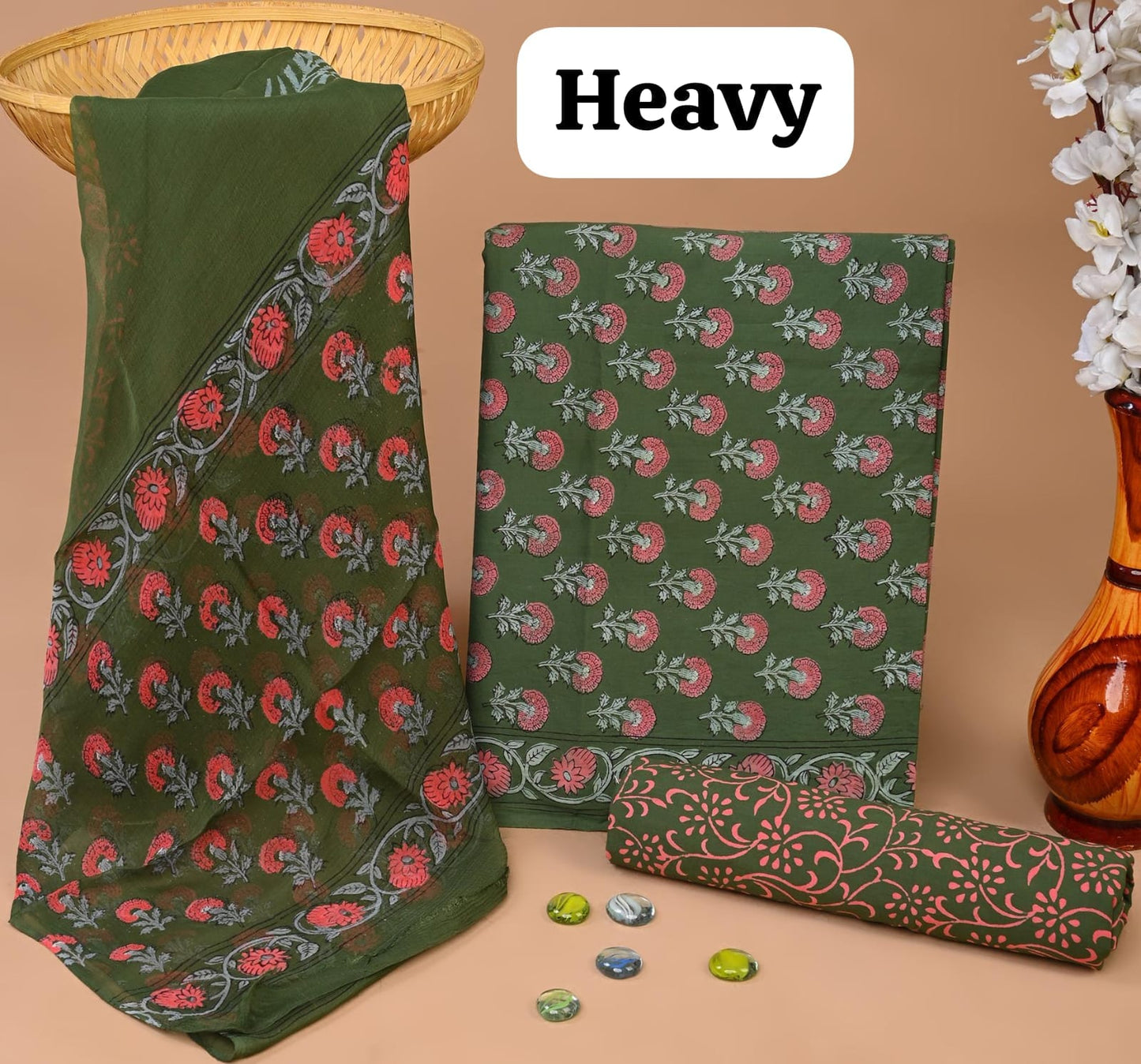 Green butti jaal cotton dress material with chiffon dupatta wholesale, artisan handblock printed cotton dress material by Fabtexs