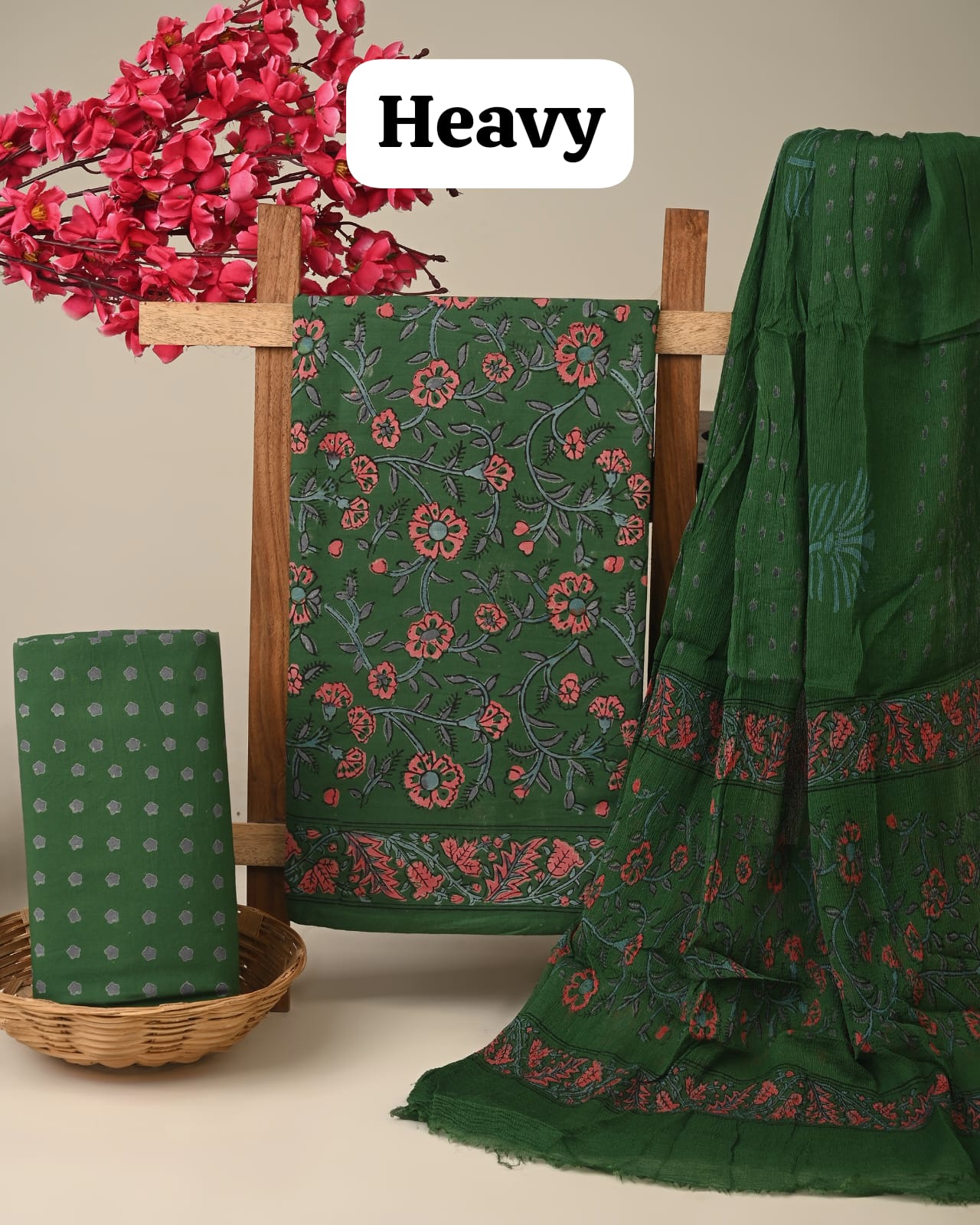 Green butti jaal cotton dress material with chiffon dupatta wholesale, artisan handblock printed cotton dress material by Fabtexs26