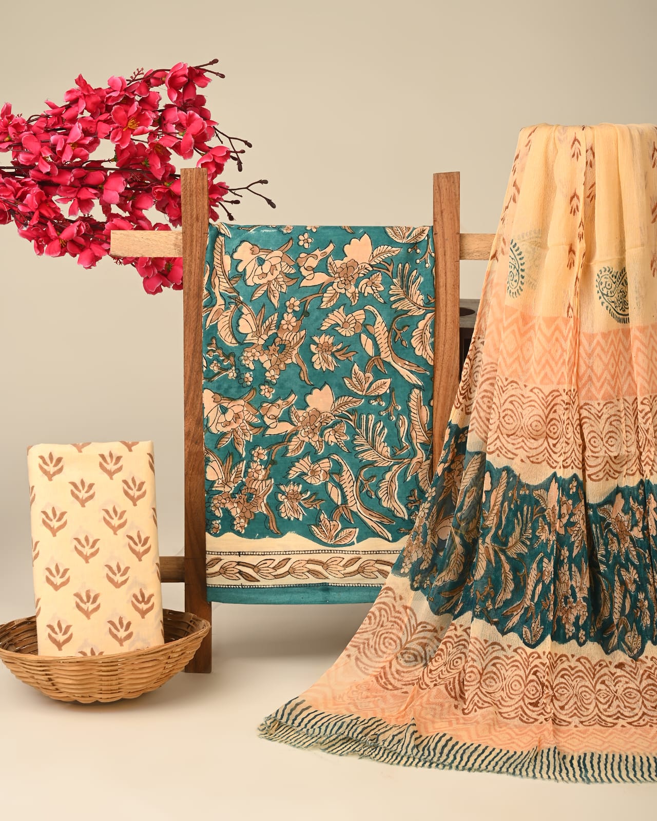 green cream jaal handblock printed cotton dress material with chiffon dupatta wholesale India supplier for boutiques designers Fabtexs