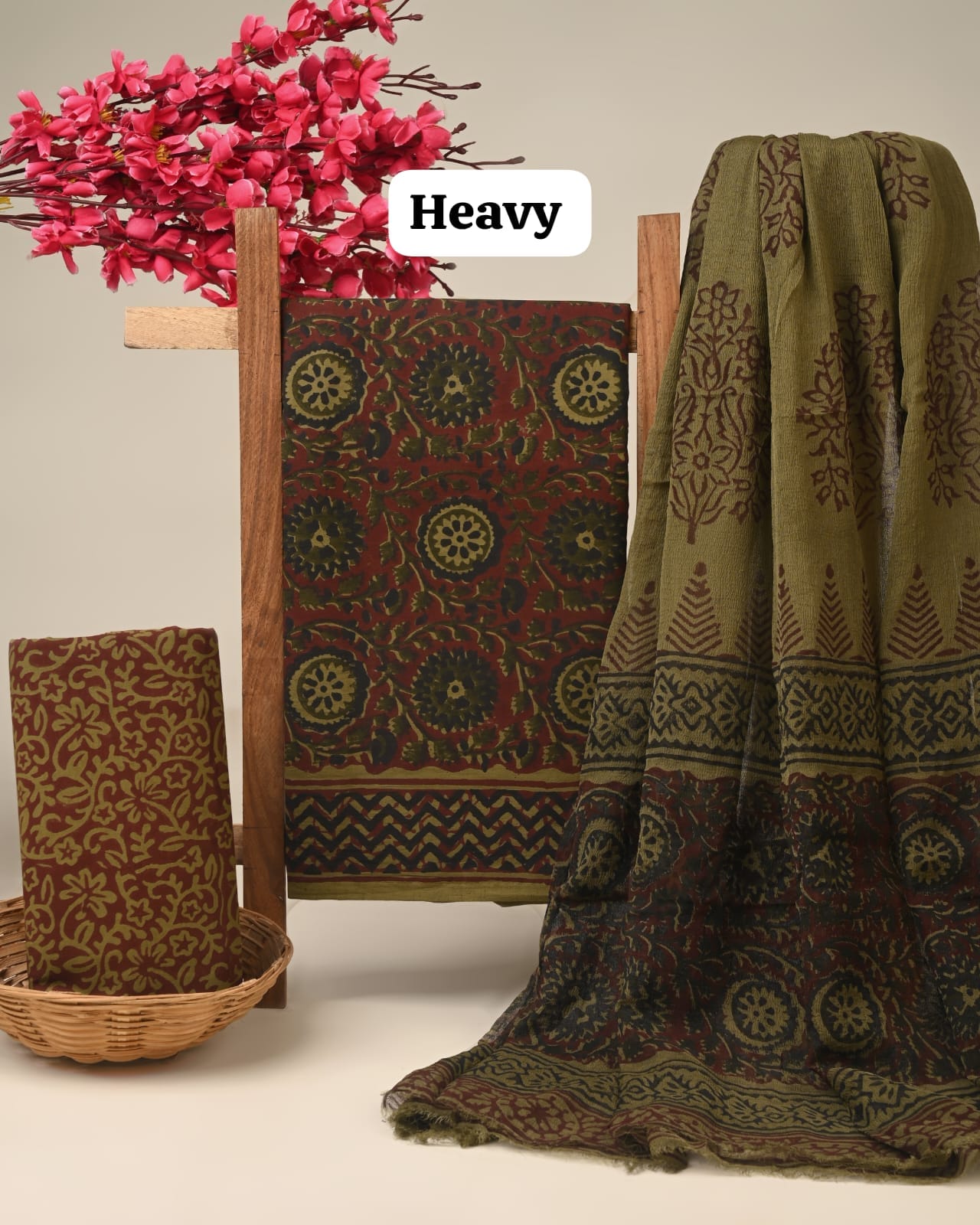 Green floral jaal cotton dress material with chiffon dupatta wholesale, artisan handblock printed cotton suit material by Fabtexs26