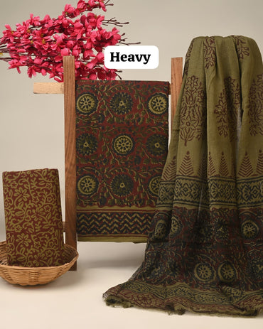 Green floral jaal cotton dress material with chiffon dupatta wholesale, artisan handblock printed cotton suit material by Fabtexs26