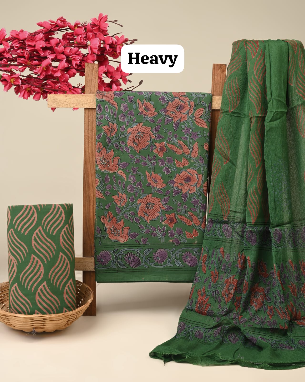 green peach jaal handblock printed cotton dress material with chiffon dupatta wholesale India cotton fabric supplier low MOQ Fabtexs