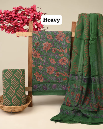 green peach jaal handblock printed cotton dress material with chiffon dupatta wholesale India cotton fabric supplier low MOQ Fabtexs