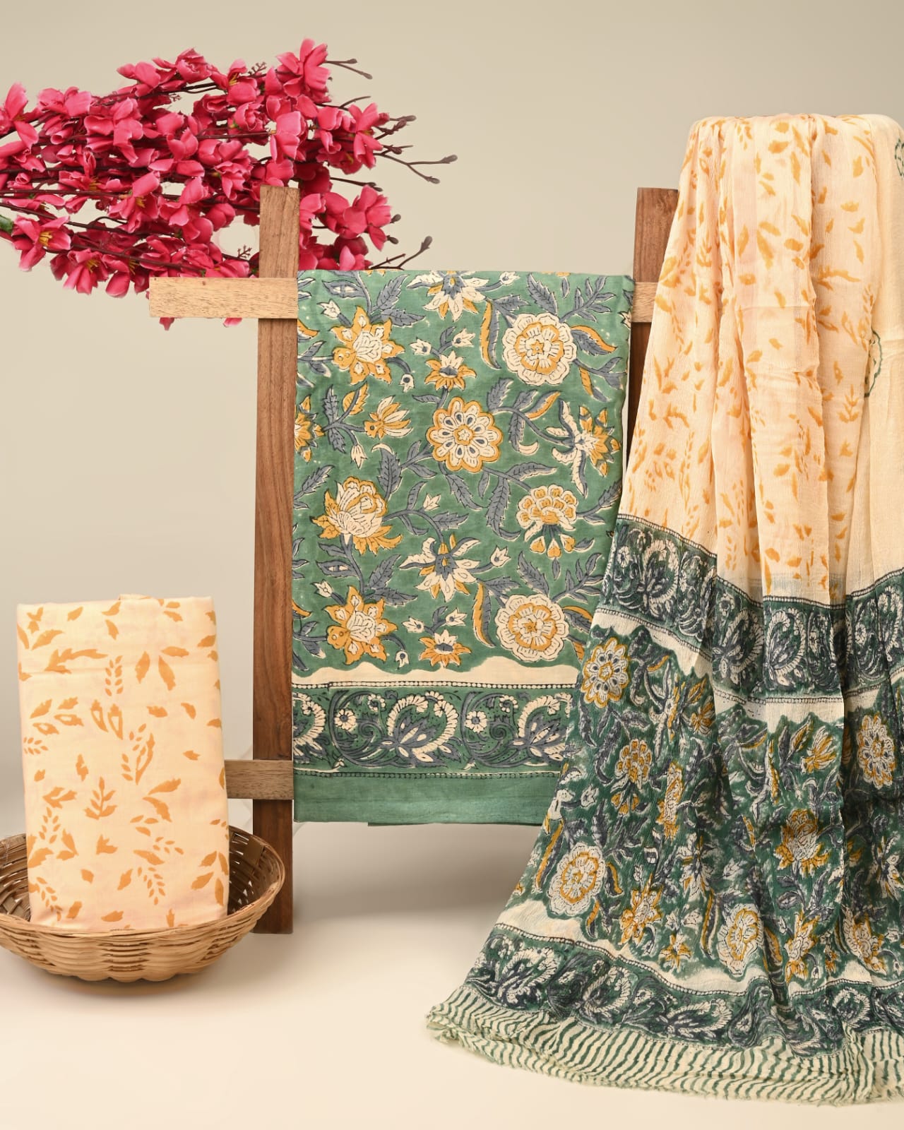 green yellow jaal handblock printed cotton dress material with chiffon dupatta wholesale India low MOQ fabric supplier Fabtexs