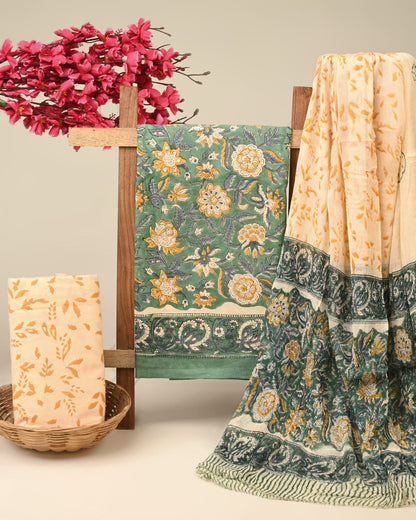 green yellow jaal handblock printed cotton dress material with chiffon dupatta wholesale India low MOQ fabric supplier Fabtexs