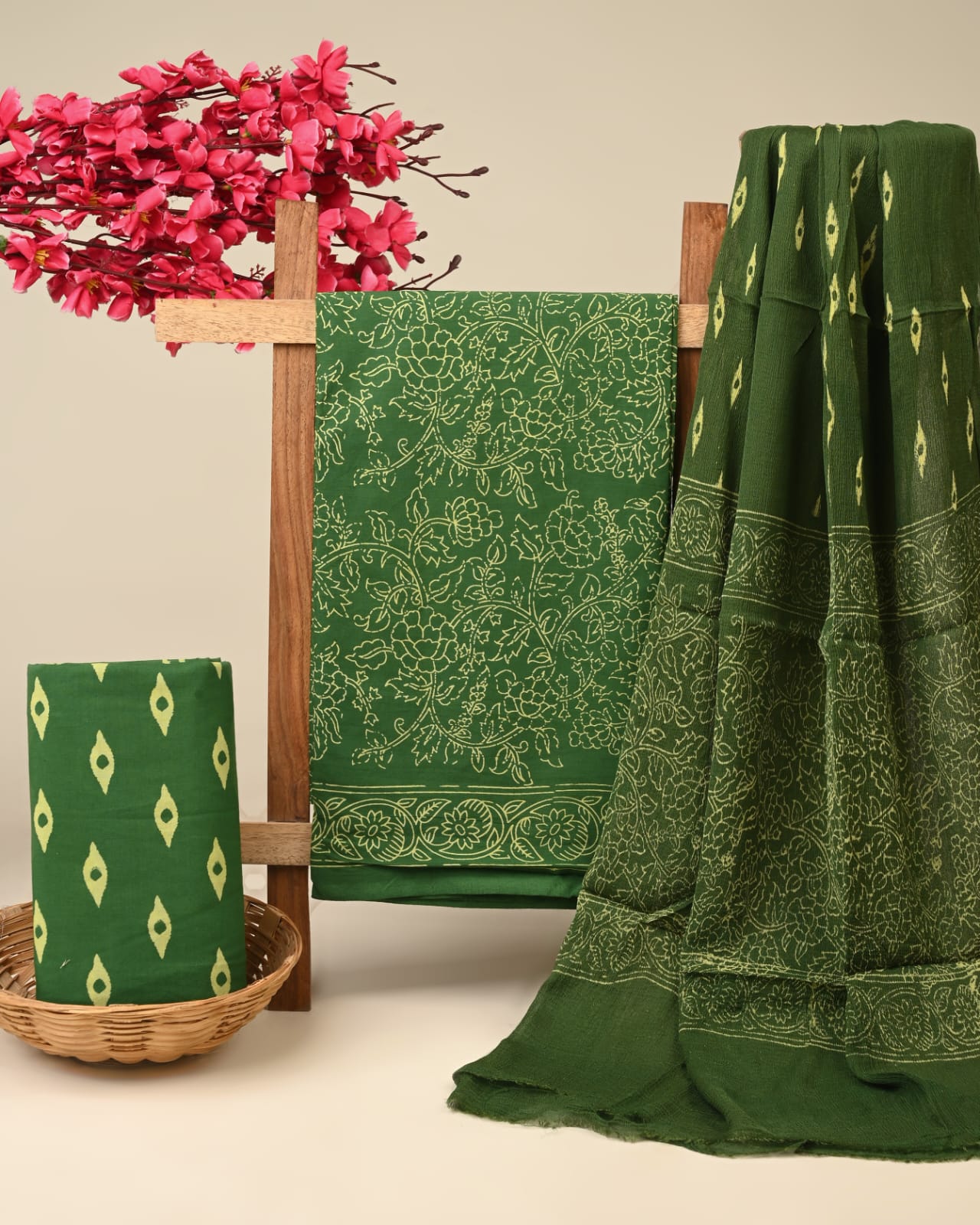 green yellow jaal handblock printed cotton dress material with chiffon dupatta wholesale India supplier for designers Fabtexs