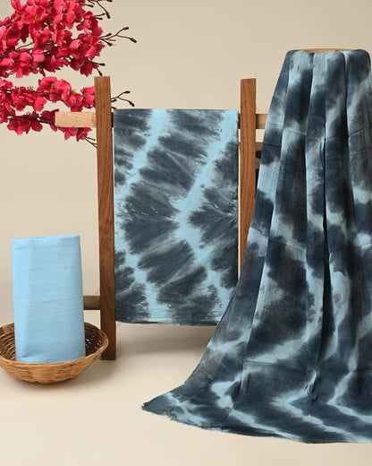 Grey blue batik pure cotton dress material with chiffon dupatta wholesale, artisan dyed cotton suit set by Fabtexs