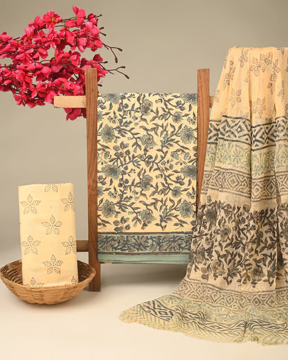 Grey blue pure cotton dress material with chiffon dupatta wholesale, handblock printed cotton suit set by Fabtexs