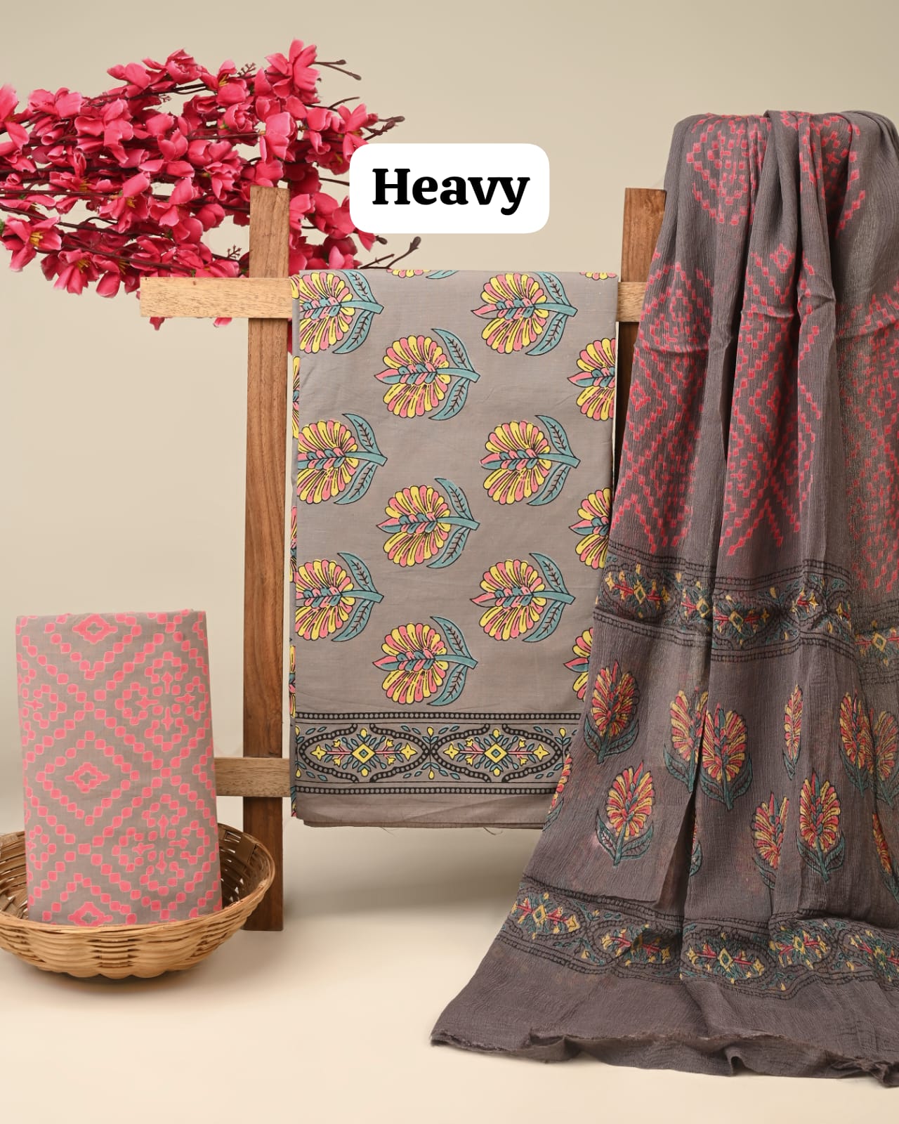 grey butta jaal handblock printed cotton dress material with chiffon dupatta wholesale India boutique fabric supplier Fabtexs
