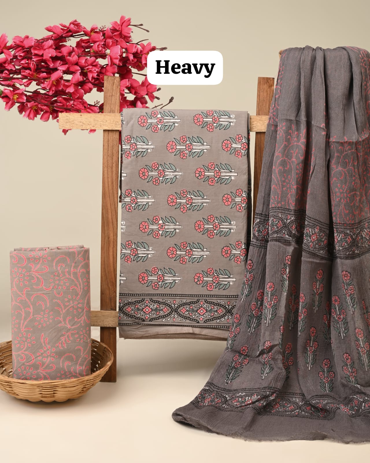 grey buttal handblock printed cotton dress material with chiffon dupatta wholesale supplier India fabric for bulk buyers Fabtexs