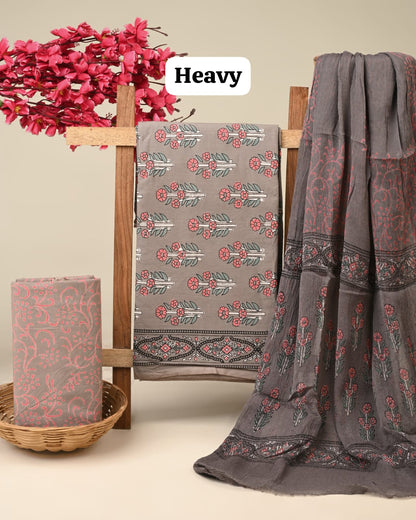 grey buttal handblock printed cotton dress material with chiffon dupatta wholesale supplier India fabric for bulk buyers Fabtexs