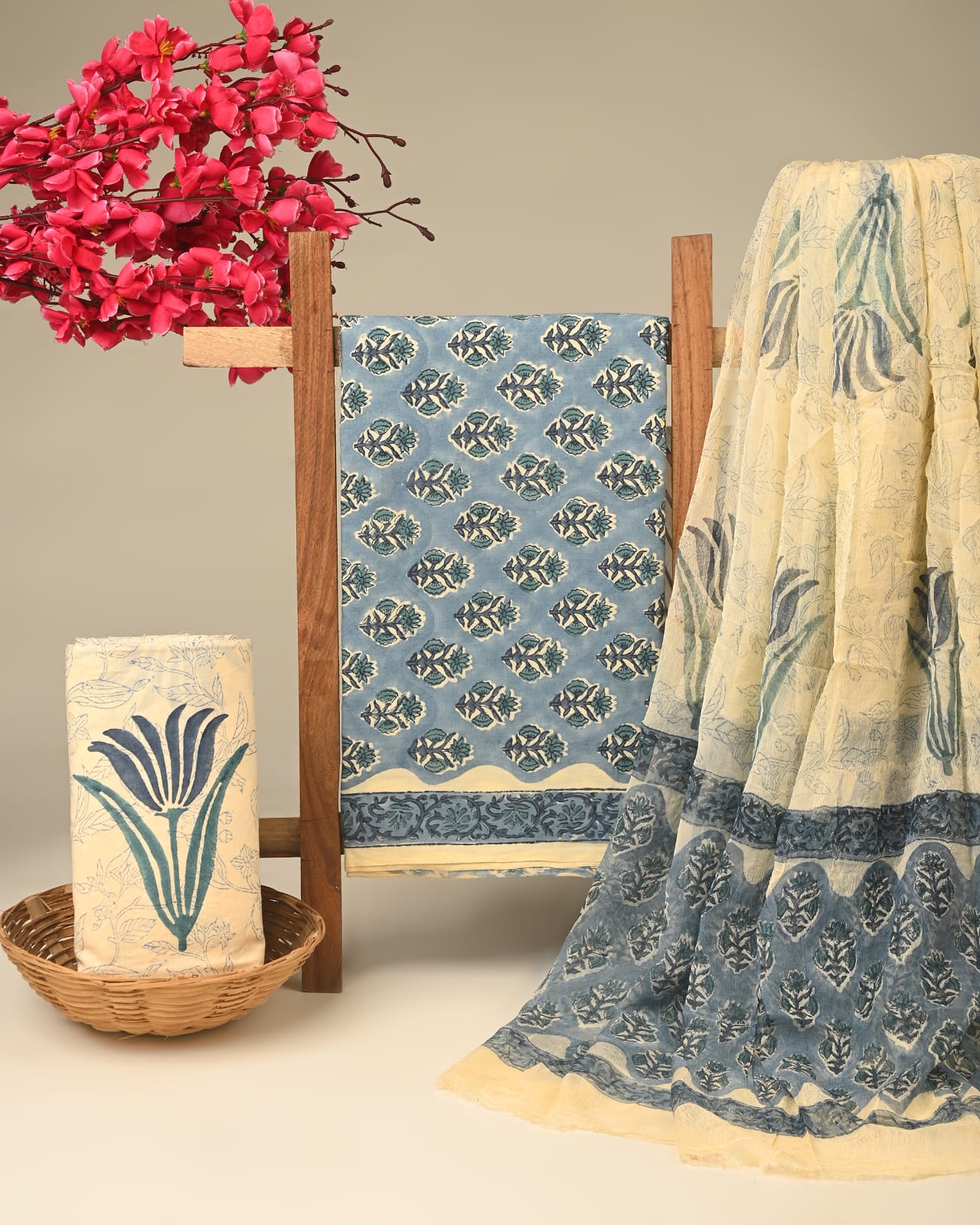  Blue pure cotton dress material with chiffon dupatta wholesale, handblock printed cotton suit set by Fabtexs