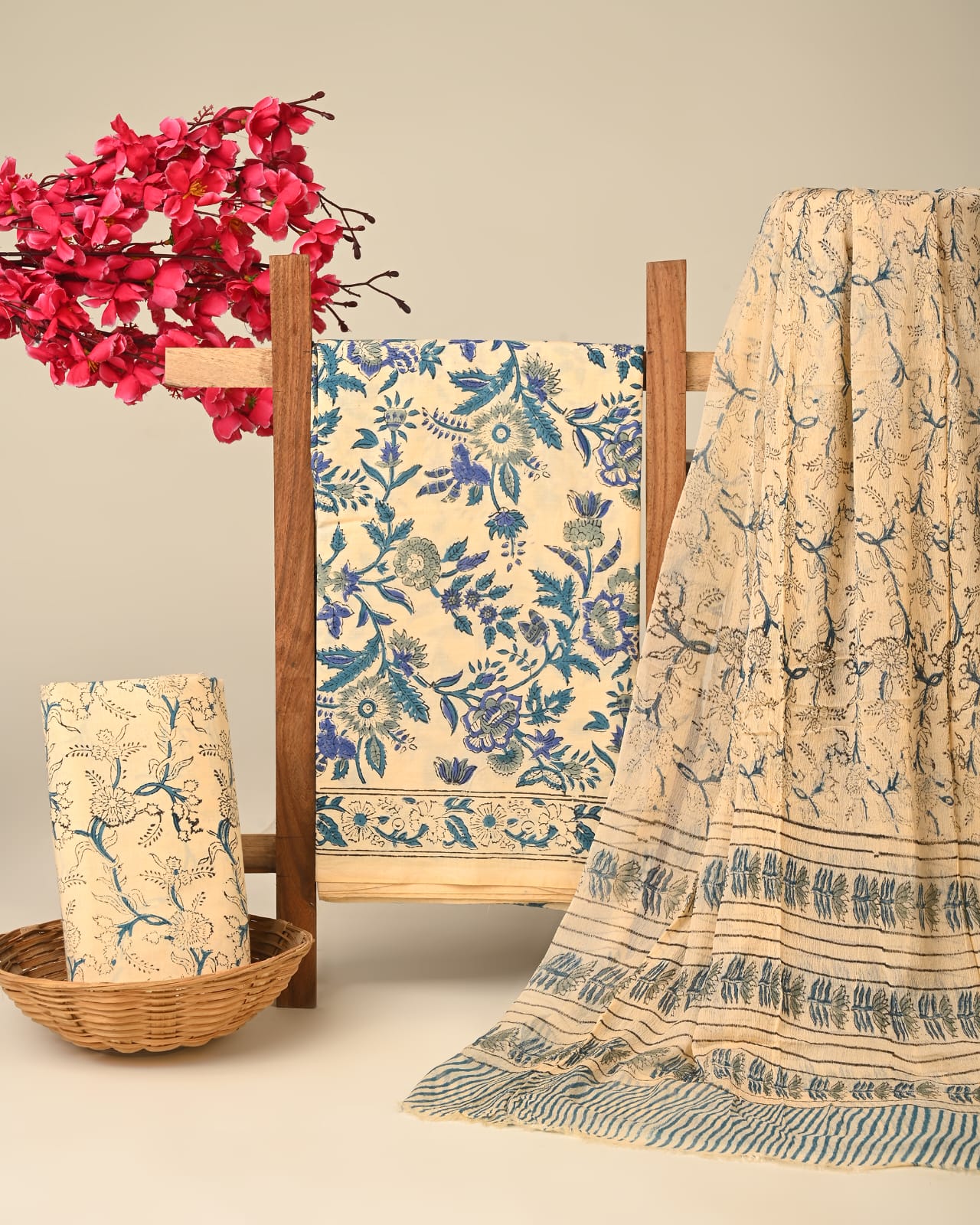 Grey cream pure cotton dress material with chiffon dupatta wholesale, handblock printed cotton suit set by Fabtexs