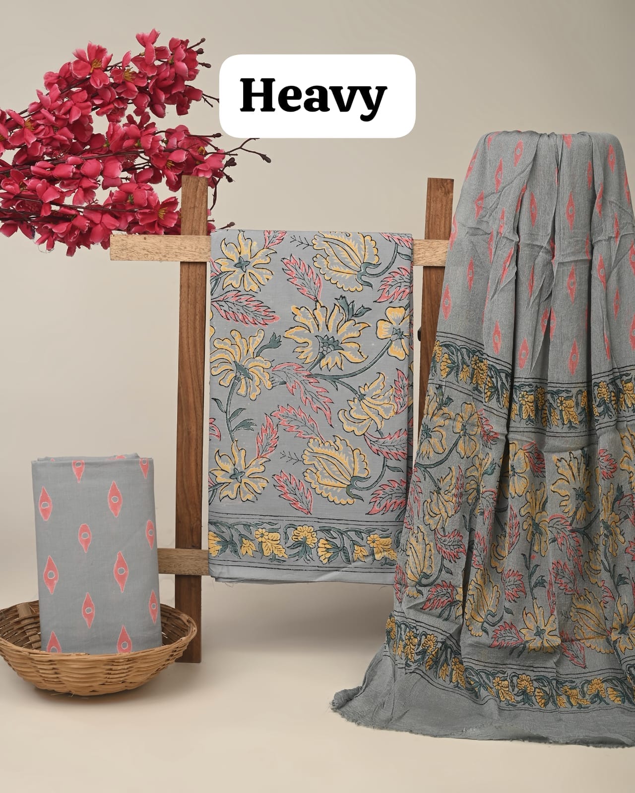 Grey floral jaal cotton dress material with chiffon dupatta wholesale, handblock printed cotton suit material for retailers by Fabtexs