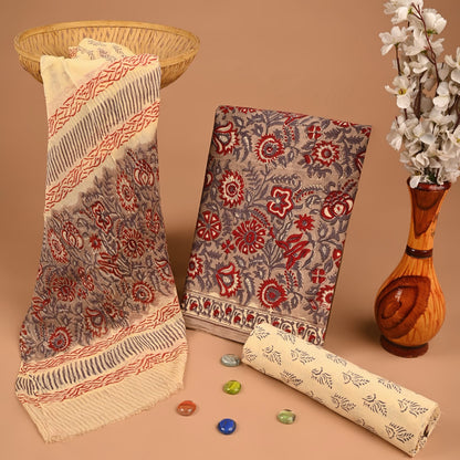 Kashish maroon pure cotton dress material with chiffon dupatta wholesale, handblock printed cotton suit set by Fabtexs