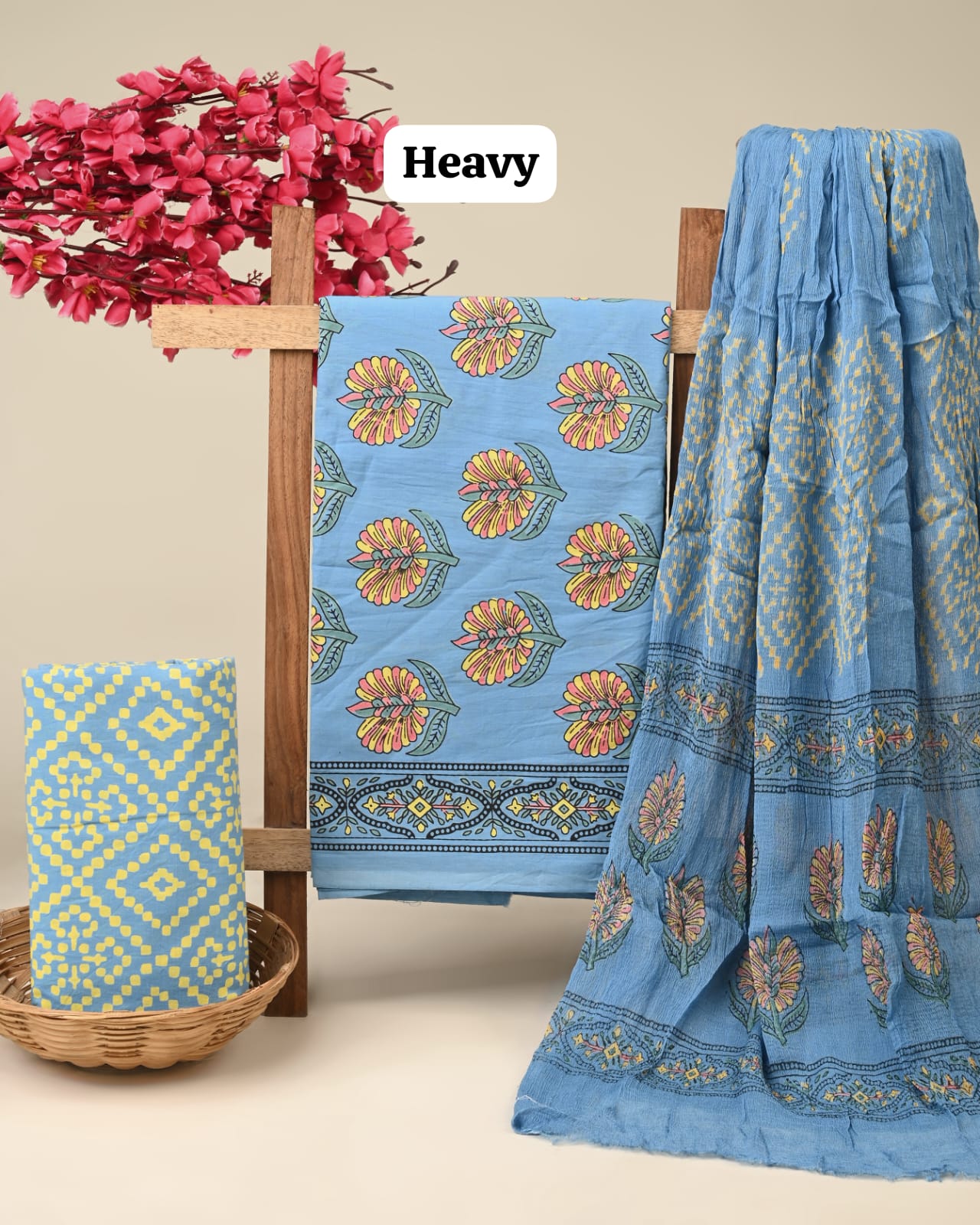 light blue big butta handblock printed cotton dress material with chiffon dupatta wholesale India low MOQ fabric supplier Fabtexs