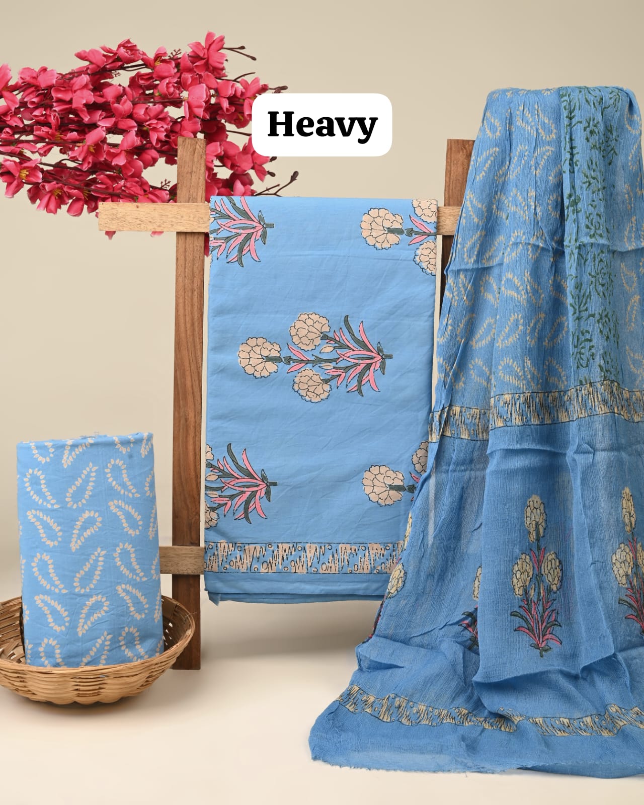 light blue big buttas handblock printed cotton dress material with chiffon dupatta wholesale India supplier for designers Fabtexs