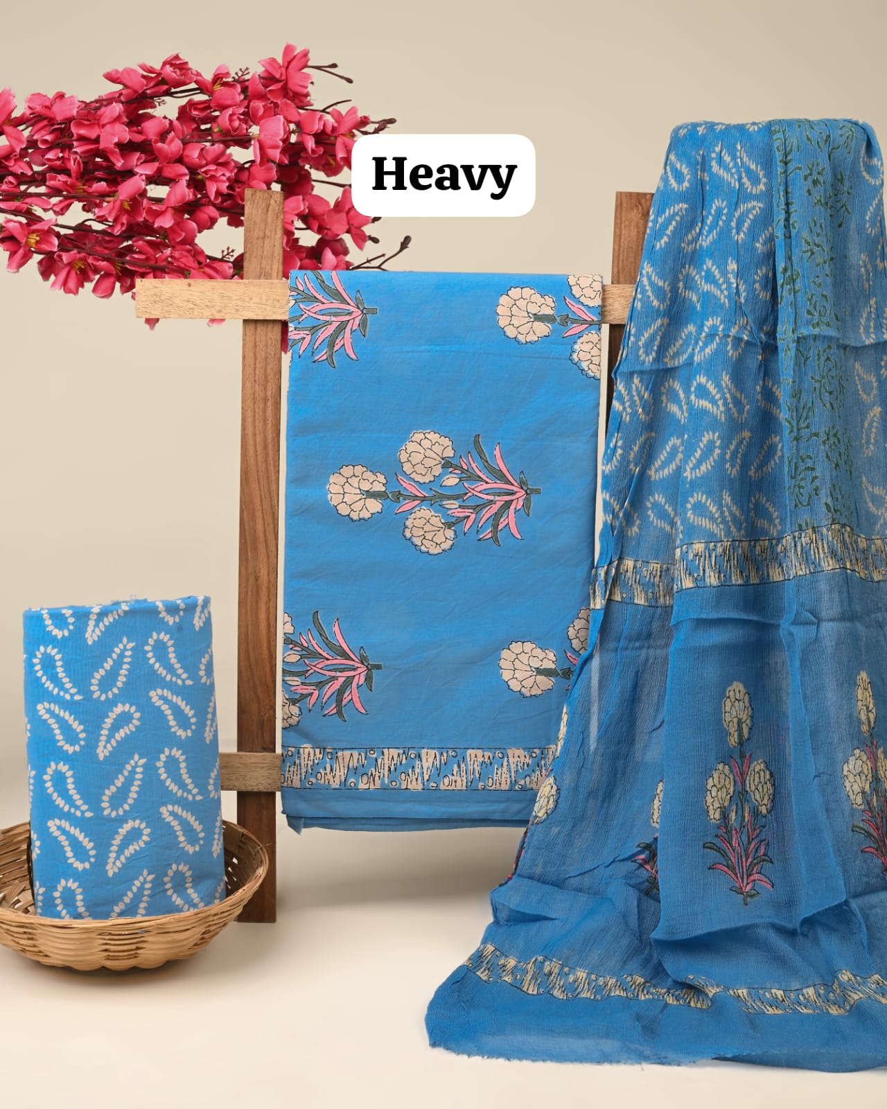light blue large butta handblock printed cotton dress material with chiffon dupatta wholesale India boutique sourcing Fabtexs