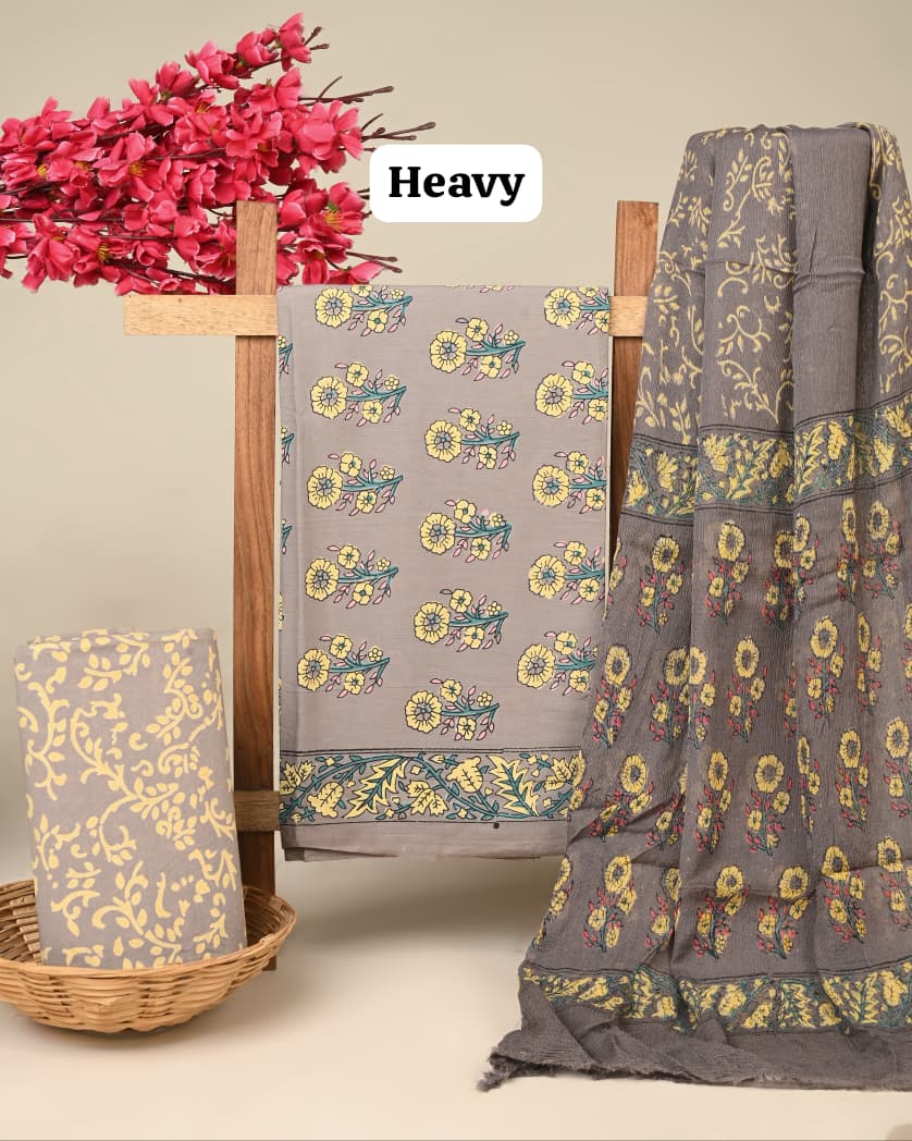 light blue large butta handblock printed cotton dress material with chiffon dupatta wholesale India boutique sourcing Fabtexs26