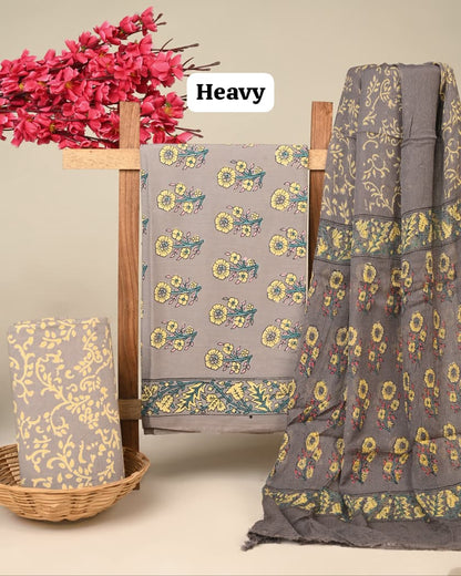 light blue large butta handblock printed cotton dress material with chiffon dupatta wholesale India boutique sourcing Fabtexs26