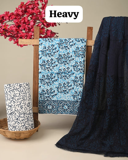 Light blue butta cotton dress material with chiffon dupatta wholesale, handblock printed cotton fabric set for boutiques by Fabtexs