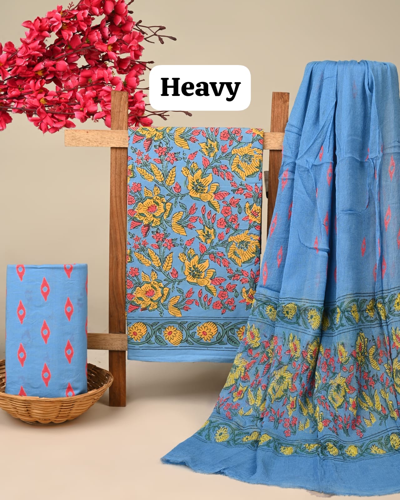 Light blue butta cotton dress material with chiffon dupatta wholesale, handblock printed cotton fabric set for boutiques by Fabtexs26