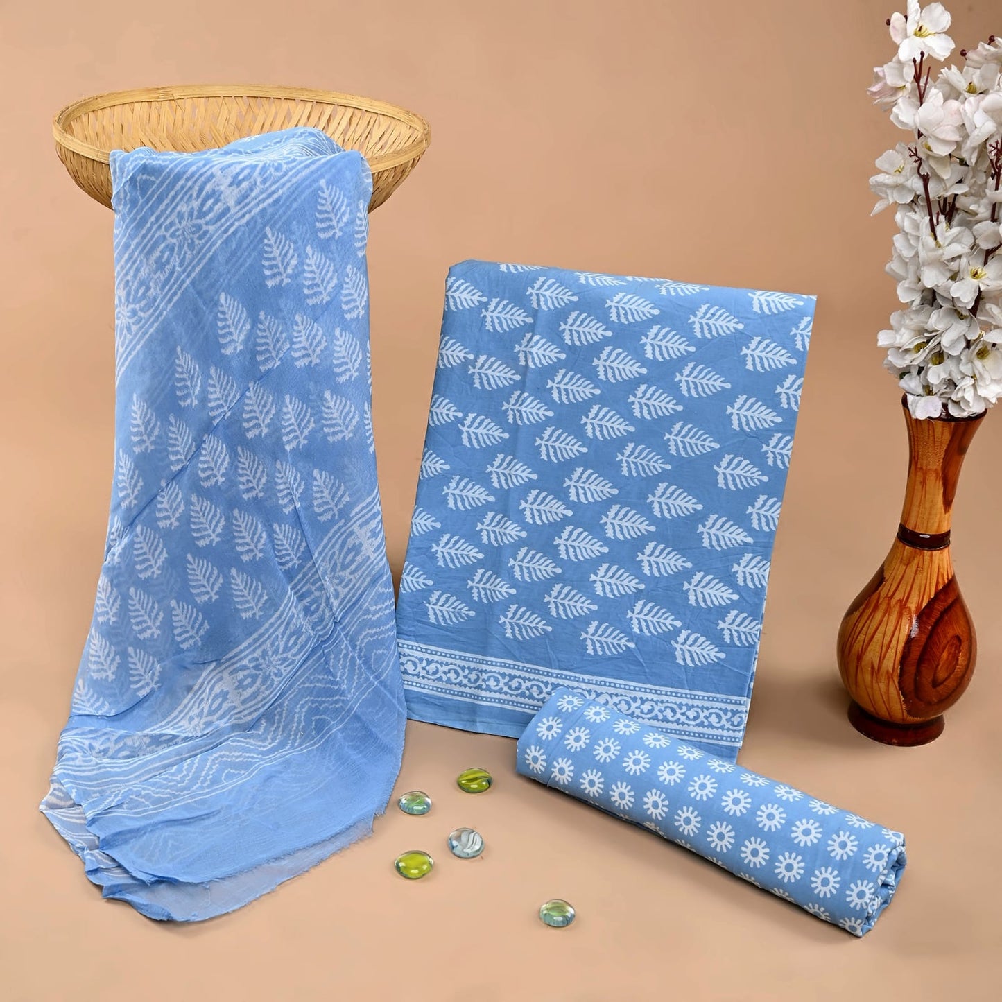 Light blue pure cotton dress material with chiffon dupatta wholesale, handblock printed cotton suit set by Fabtexs
