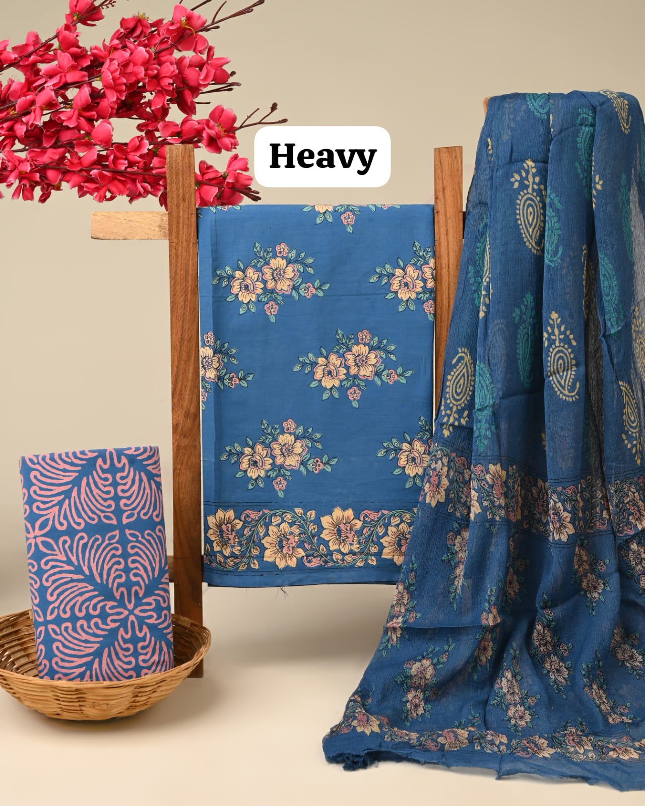 Light blue jaal cotton dress material with chiffon dupatta wholesale, artisan handblock printed cotton dress material by Fabtexs26