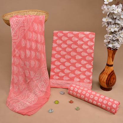 Light pink pure cotton dress material with chiffon dupatta wholesale, handblock printed cotton suit set by Fabtexs