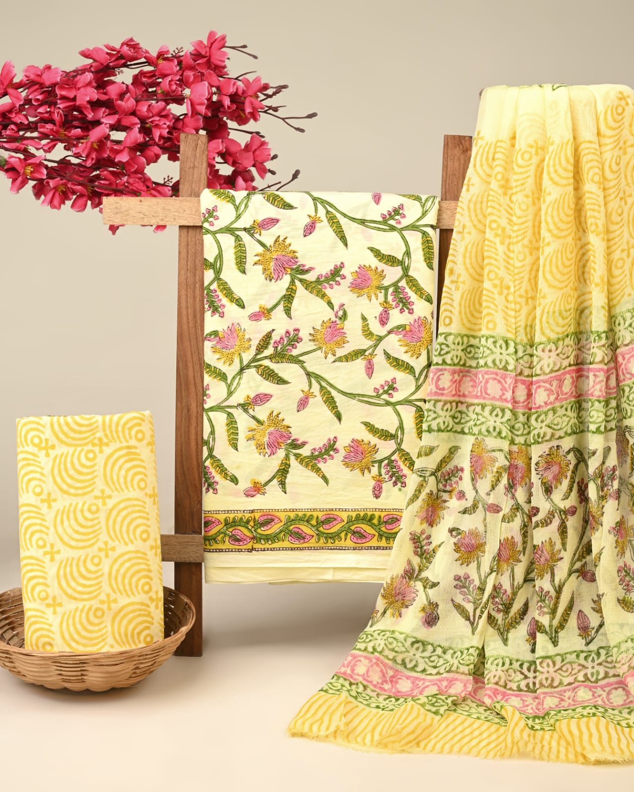 light yellow floral jaal handblock printed cotton dress material with chiffon dupatta wholesale India low MOQ boutique fabric Fabtexs
