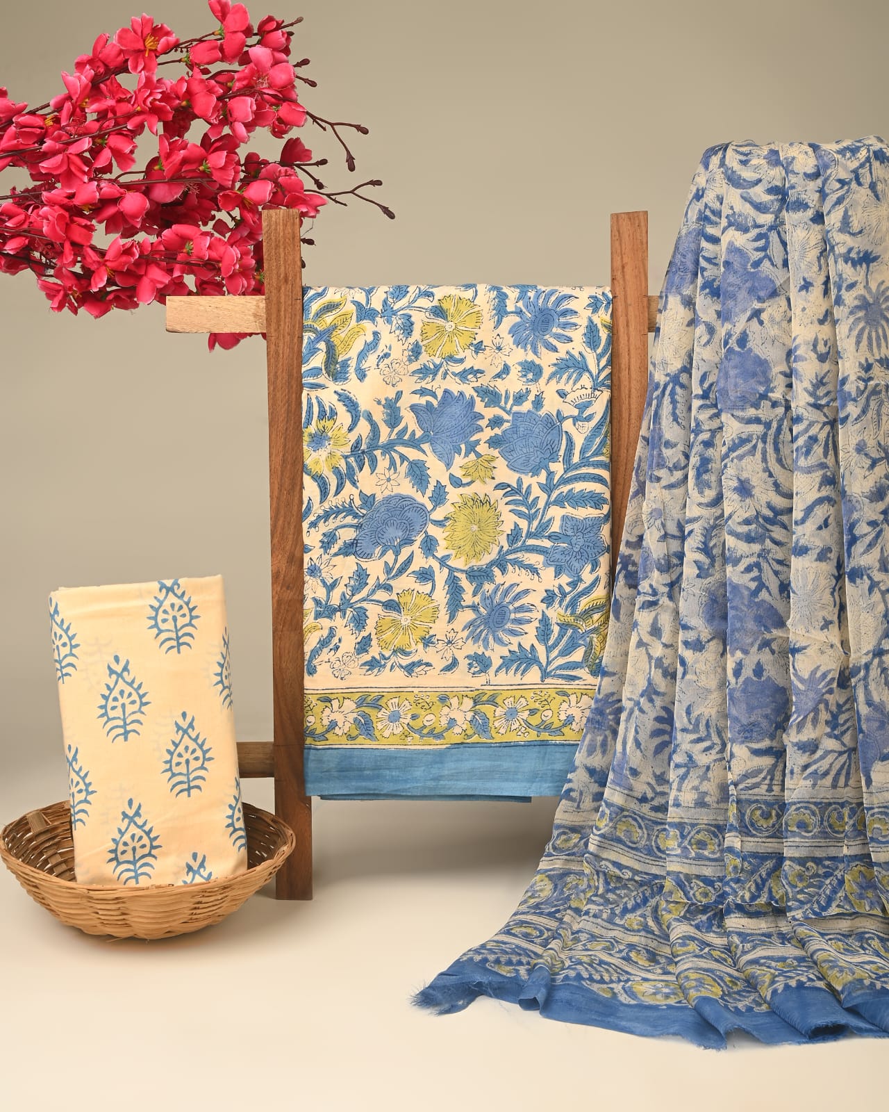 Line blue pure cotton dress material with chiffon dupatta wholesale, handblock printed cotton suit set by Fabtexs