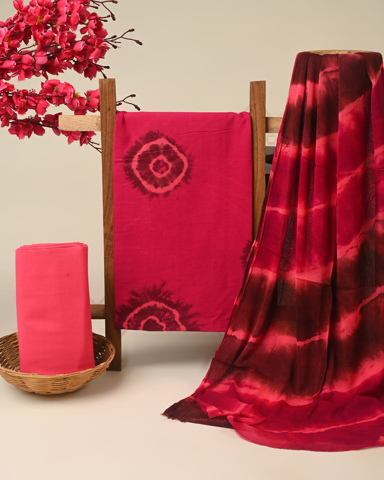 Maroon batik pure cotton dress material with chiffon dupatta wholesale, artisan dyed cotton suit set by Fabtexs