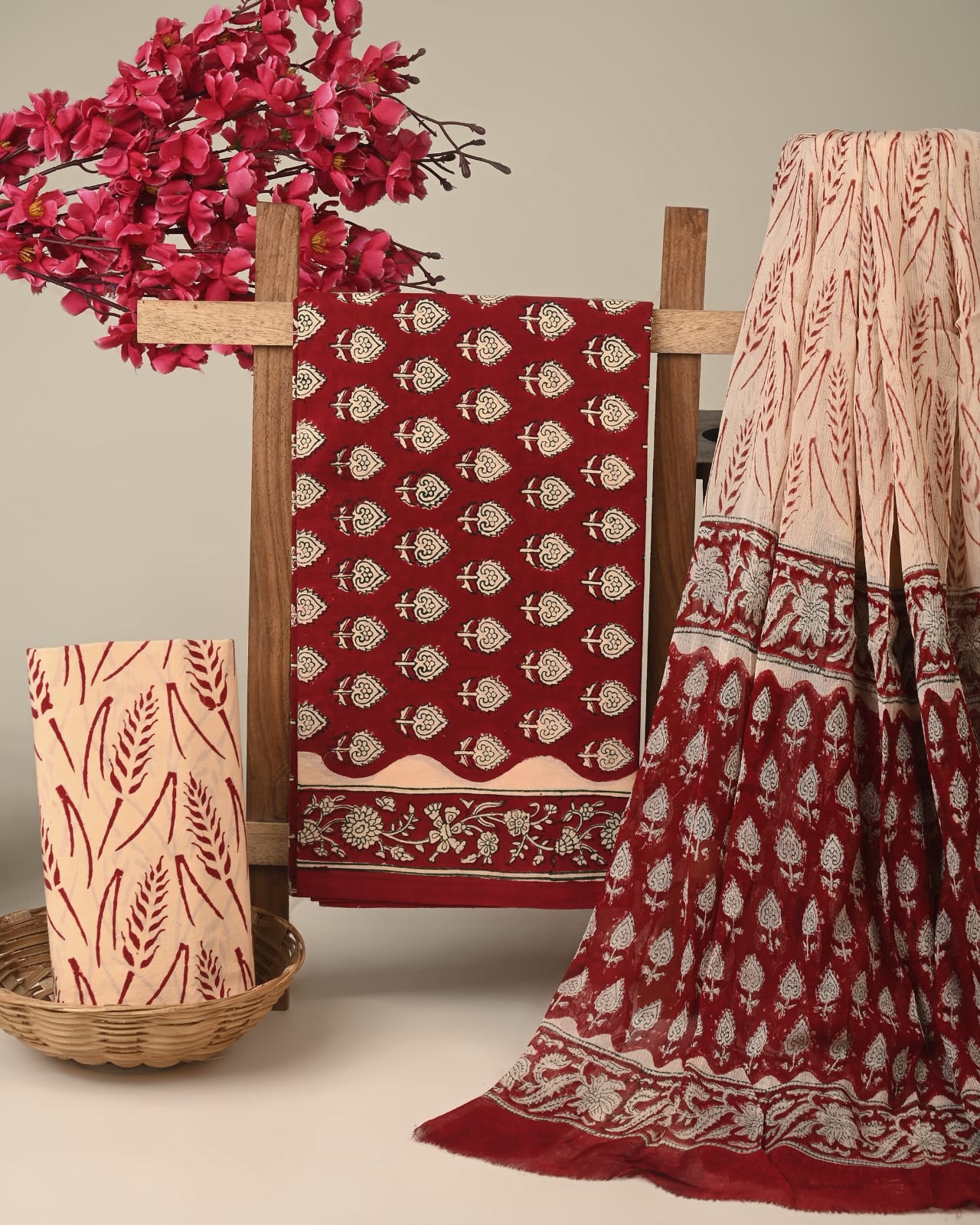 maroon butti handblock printed cotton dress material with chiffon dupatta wholesale India supplier for bulk buyers Fabtexs