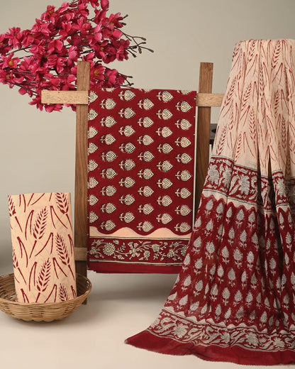 maroon butti handblock printed cotton dress material with chiffon dupatta wholesale India supplier for bulk buyers Fabtexs