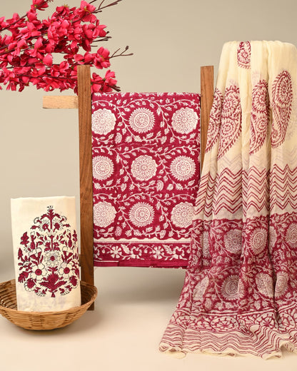maroon butti handblock printed cotton dress material with chiffon dupatta wholesale India supplier for bulk buyers Fabtexs26