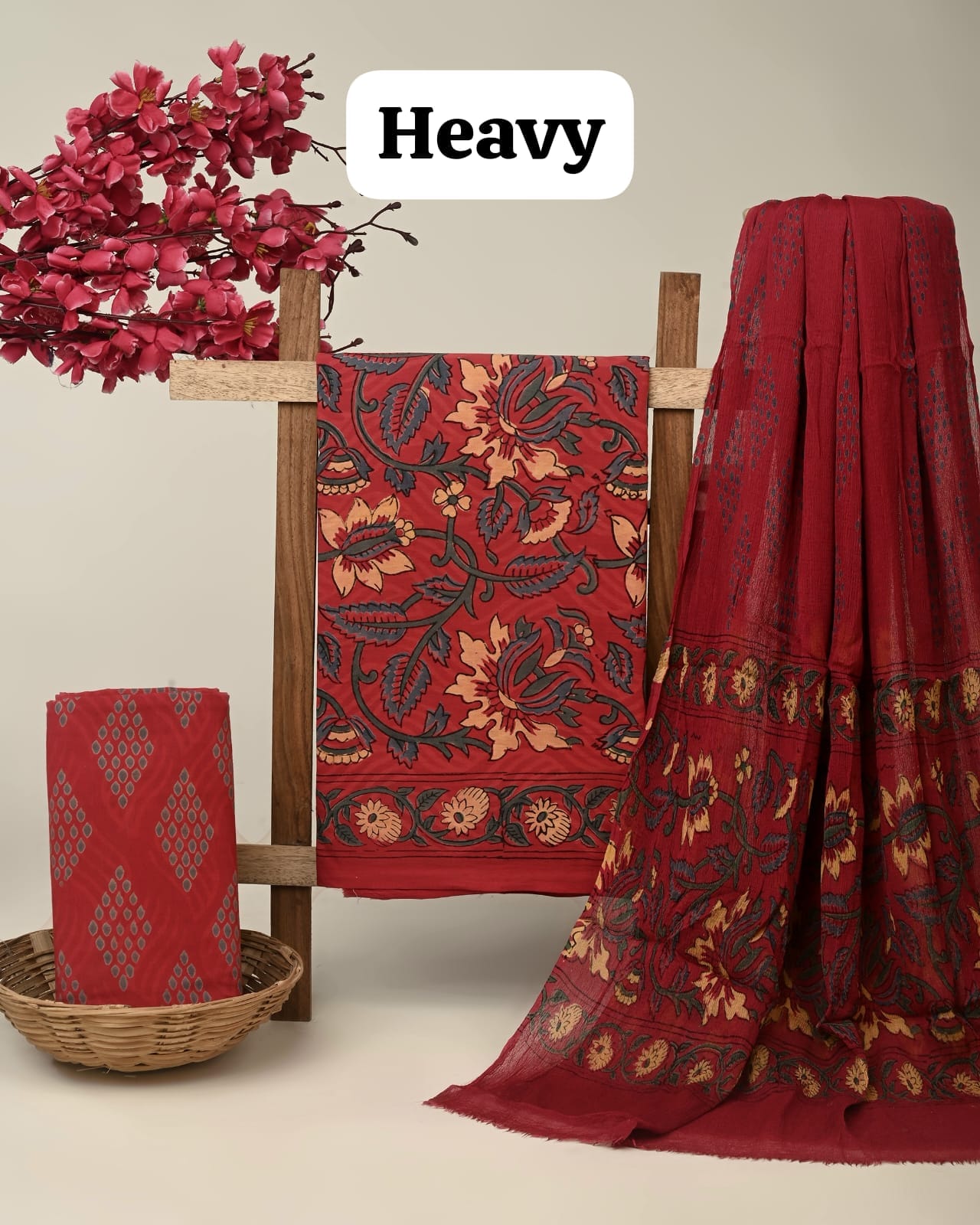 Maroon jaal cotton dress material with chiffon dupatta wholesale, handblock printed cotton suit material for boutiques by Fabtexs