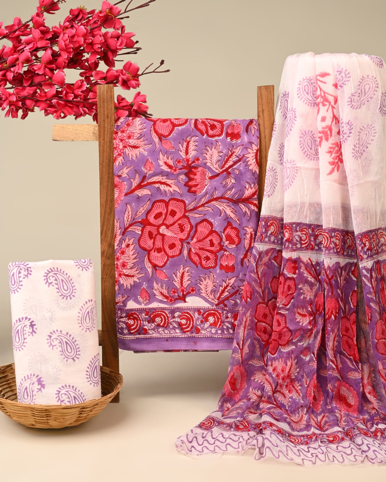 mustard pink butti handblock printed cotton dress material with chiffon dupatta wholesale India cotton fabric sourcing Fabtexs26