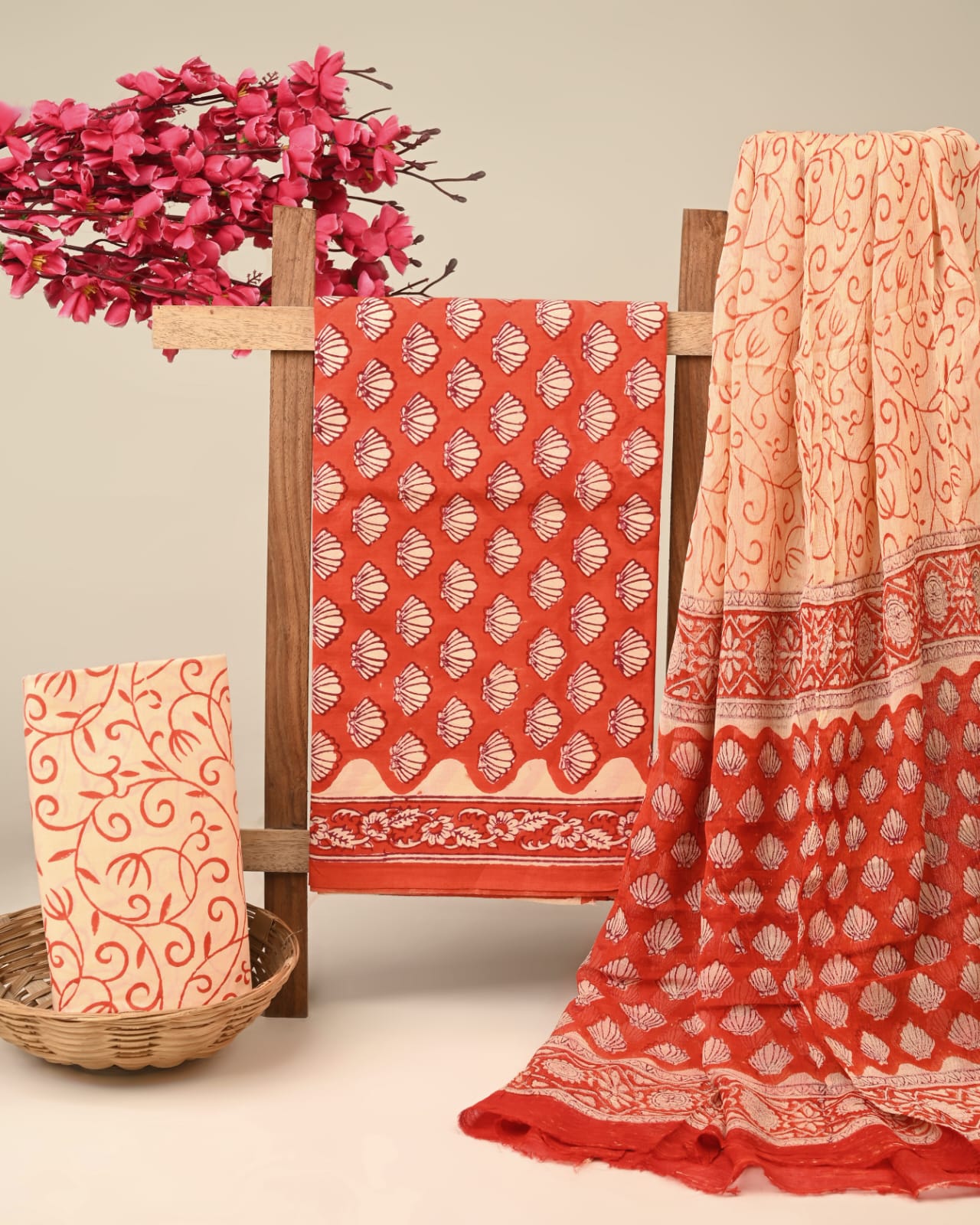 orange butti handblock printed cotton dress material with chiffon dupatta wholesale India low MOQ boutique supplier Fabtexs